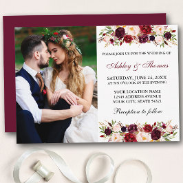 Convites Casamento de Foto de Watercolor Floral Burgundy