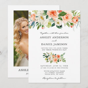 Convites Casamento de Foto de Watercolor Floral Coral Green
