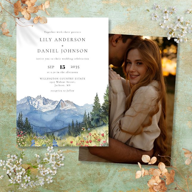 Convites Casamento de Foto de Watercolor Mountain Wildflowe (Watercolor Mountain Wildflower Photo Wedding Invitation)
