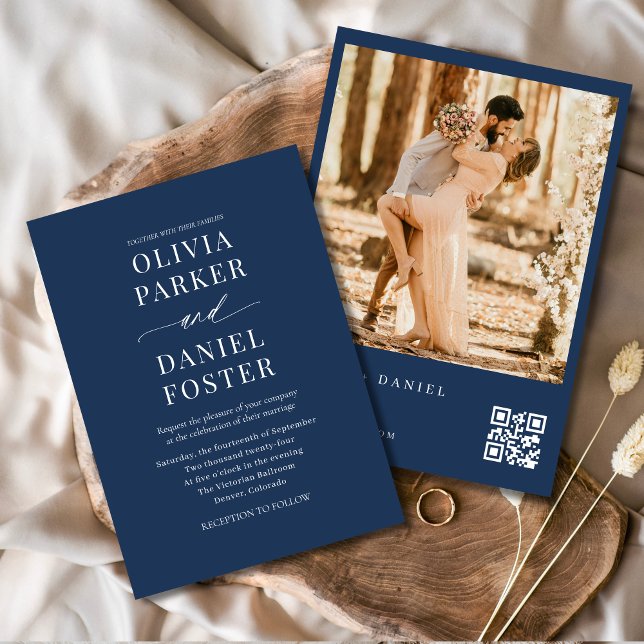 Convites Casamento de Foto do Código QR Azul do Marinho Clá (Criador carregado)