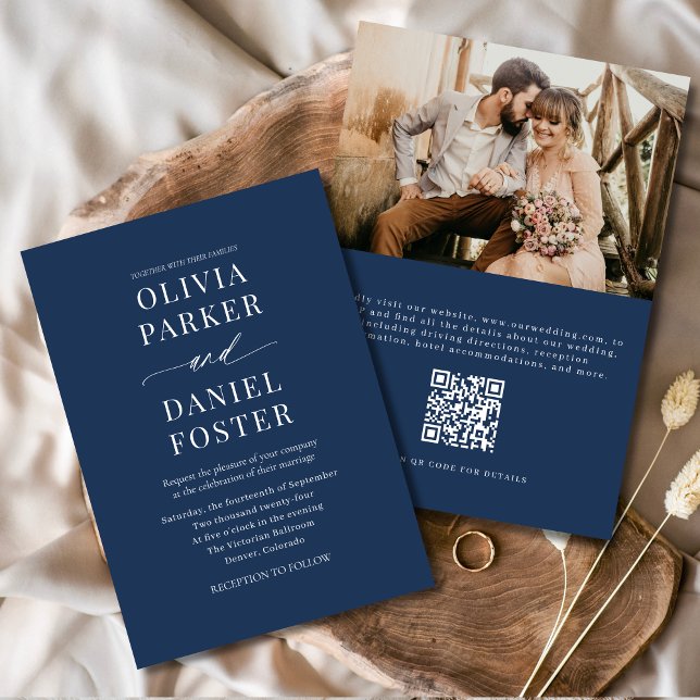 Convites Casamento de Foto do Código QR Azul do Marinho Ele (Criador carregado)