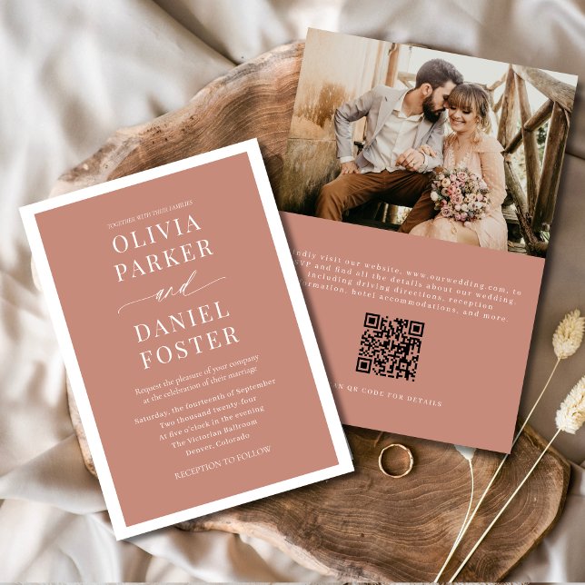 Convites Casamento de Foto do Código QR Classic Terracotta  (Criador carregado)