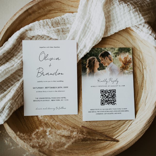 Convites Casamento de Foto do Código QR do Script Manuscrit (Chic Handwritten Script QR Code Photo Wedding Invitation
)