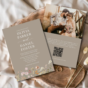 Convites Casamento de Foto do Código QR do Taupe Boho Wildf