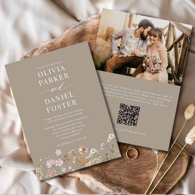 Convites Casamento de Foto do Código QR do Taupe Boho Wildf (Criador carregado)