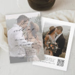 Convites Casamento de Foto do Código QR Elegante<br><div class="desc">Convite de casamento de fotos QR elegante com detalhes de caligrafia de script elegante e sobreposição de texto clássico em uma foto vertical de retrato na frente. A parte de trás tem uma foto de sangria de cheio e detalhes de RSVP. Clique no botão editar para personalizar este design.</div>