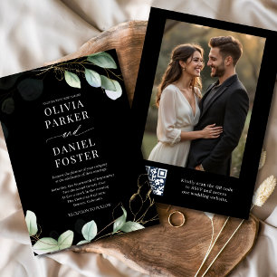 Convites Casamento de Foto do Código QR Eucalyptus Preto El