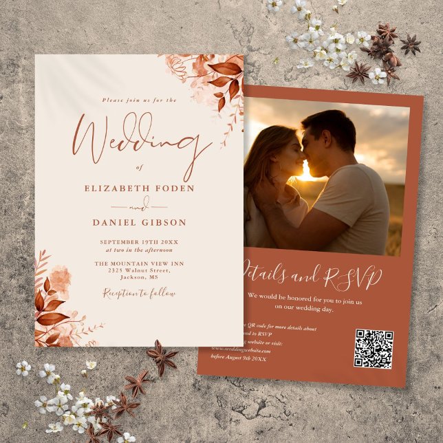Convites Casamento de Foto do Código QR Floral de outono Ru (Rustic Autumn Fall Floral QR Code Photo Wedding Invitation)