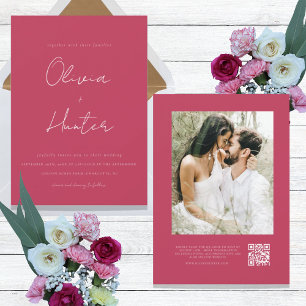 Convites Casamento de Foto do Código QR Minimalista Magenta