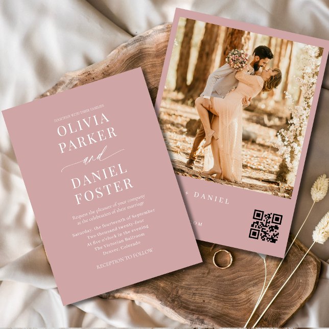Convites Casamento de Foto do Código QR Moderno Dusty Pink (Criador carregado)