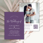 Convites Casamento de Foto do Código QR Puro do Coração de<br><div class="desc">Cartões de Convite para Casamento de Código QR Purple, Mínimalista e Script de Caligrafia Moderna Foto Mauve. Apresentando um script de fonte elegante, com letra manuscrita, em branco, sobre fundo de cor mauve, roxo empoeirado ou lavanda. Motif cardíaco entre os nomes. Na parte de trás, adicione sua foto favorita (vertical)....</div>