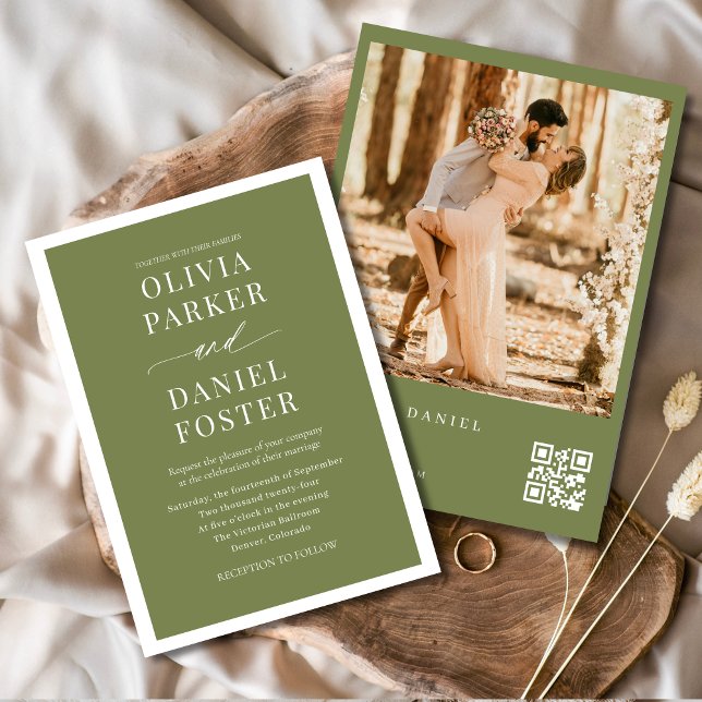 Convites Casamento de Foto do Código QR Verde Azeitona Mode (Criador carregado)