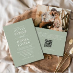 Convites Casamento de Foto do Código QR Verde Dusty Sage<br><div class="desc">Este convite de casamento verde, empoeirado, combina perfeitamente simplicidade moderna e elegância orgânica. O tom verde mutado cria um olhar suave e calmante que se sente natural mas sofisticado — ideal para casais que querem seus convites para sentir eterno e sereno. O design apresenta a sua fotografia de casal pessoal...</div>
