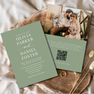 Convites Casamento de Foto do Código QR Verde Elegante Sage