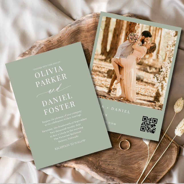 Convites Casamento de Foto do Código QR Verde Elegante Sage (Criador carregado)