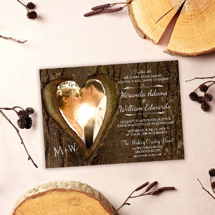 Convites Casamento de Foto do Coração da Árvore de Madeira 