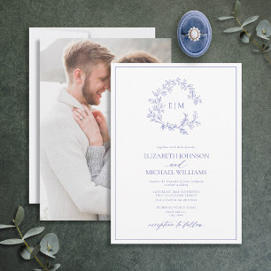 Convites Casamento de Foto do Periwinkle Leafy Crest Monogr