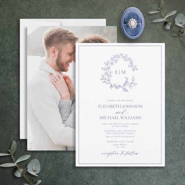 Convites Casamento de Foto do Periwinkle Leafy Crest Monogr (Criador carregado)