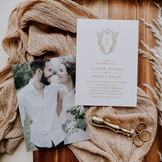 Convites Casamento de Foto Dourada Branca Elegante DAPHNE (DAPHNE Elegant Gold White Classic Photo Wedding Invitation)