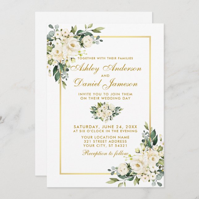 Convites Casamento de Foto Dourada Floral Branco da Waterco (Frente/Verso)