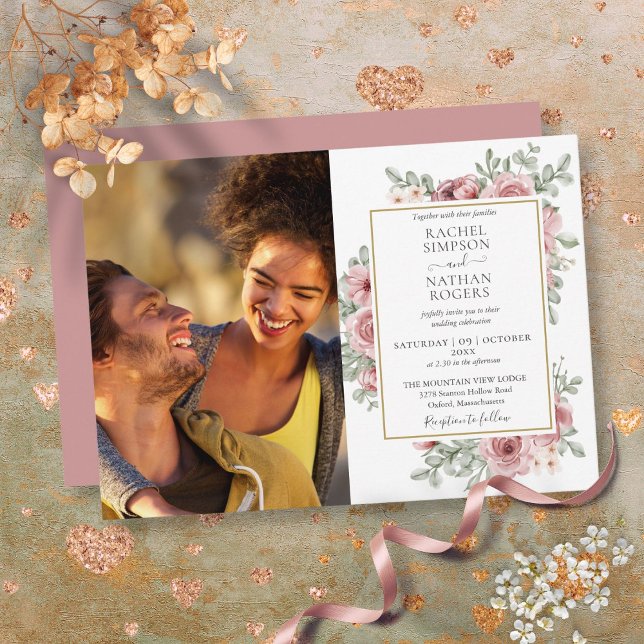 Convites Casamento de Foto Dourado com Dusty Floral (Floral Dusty Rose Gold Photo Wedding Invitation)