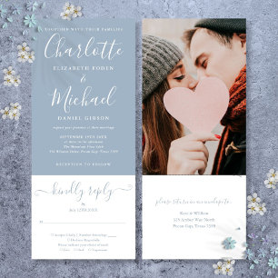 Convites Casamento de Foto Dusty Blue Elegante Script Compl