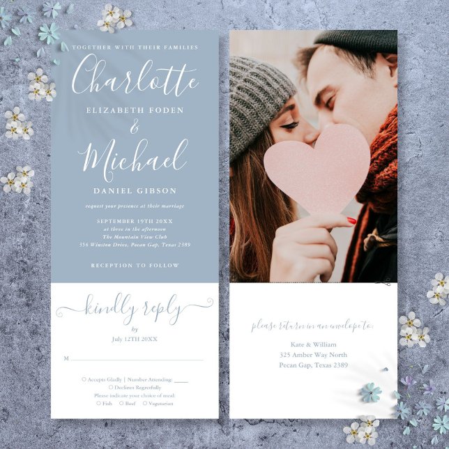 Convites Casamento de Foto Dusty Blue Elegante Script Compl (Dusty Blue Elegant Script All In One Photo Wedding Invitation)