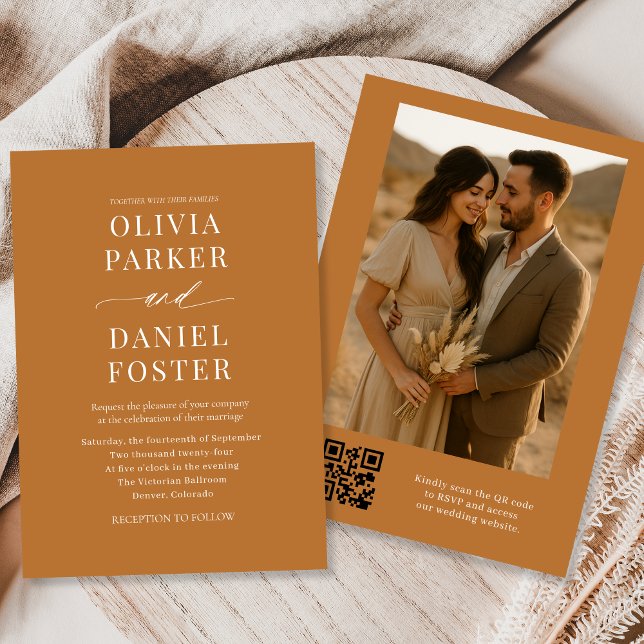 Convites Casamento de Foto Elegante de Código QR de Bronze  (Criador carregado)