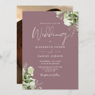 Convites Casamento de Foto Elegante Floral Mauve Greenery
