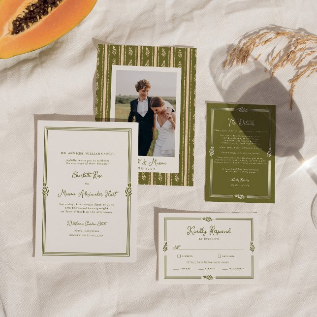 Convites Casamento de Foto Elegante Tuscano Verde Oliva (Criador carregado)