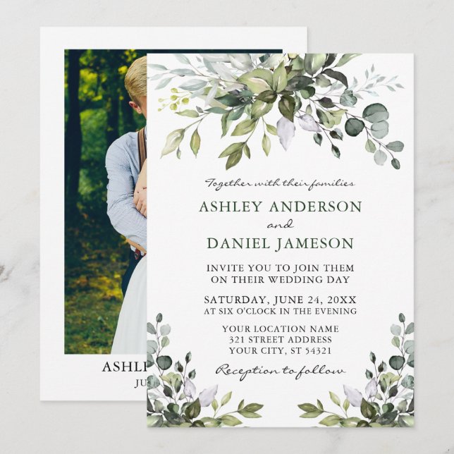 Convites Casamento de Foto Elegante Watercolor Greenery (Frente/Verso)