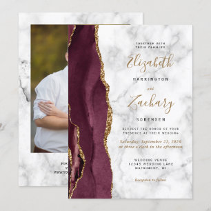 Convites Casamento de Foto em Mármore Dourado Burgundy Mode