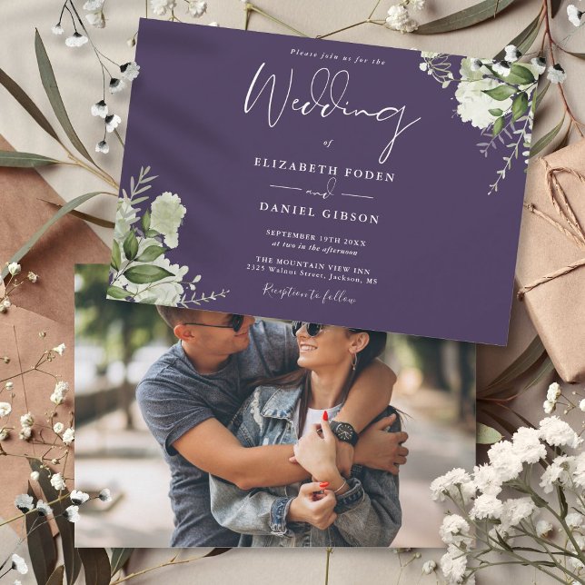 Convites Casamento de Foto em Verde Botânico Roxo (Purple Botanical Greenery Photo Wedding Invitation)