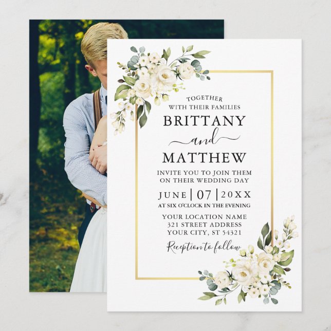 Convites Casamento de Foto em Verde Floral Branco de Waterc (Frente/Verso)