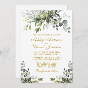 Convites Casamento de Foto em Watercolor Greenery Dourado