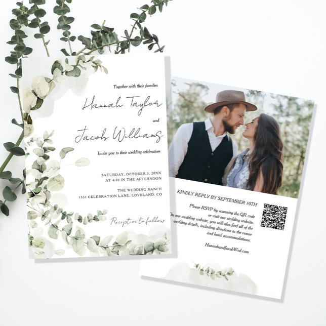 Convites Casamento de Foto Eucalyptus com Código QR (eucalyptus photo qr code wedding invitation)