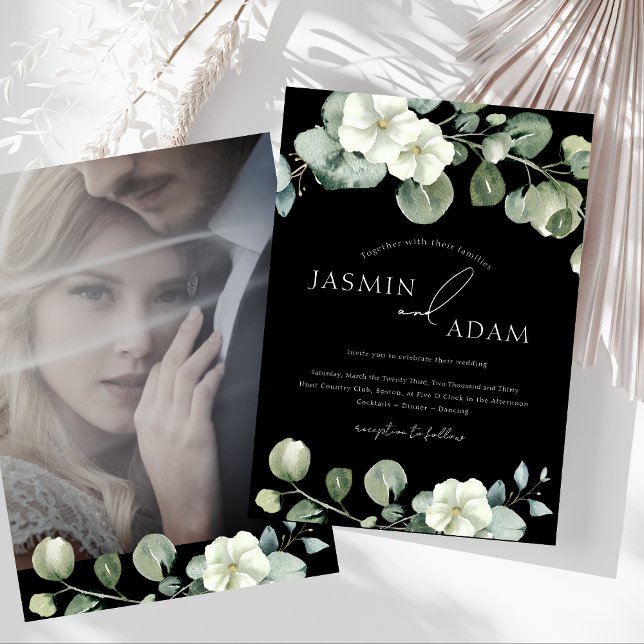 Convites Casamento de Foto Eucalyptus, em verde-preto simpl (Simple Black Greenery Eucalyptus Photo Wedding Invitation)