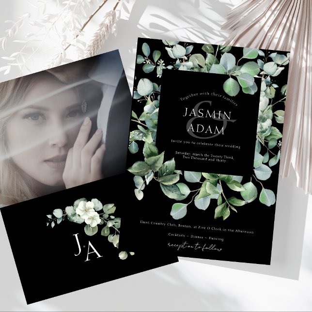 Convites Casamento de Foto Eucalyptus, Herdeiro Negro (Elegant Black Greenery Eucalyptus Photo Wedding Invitation)