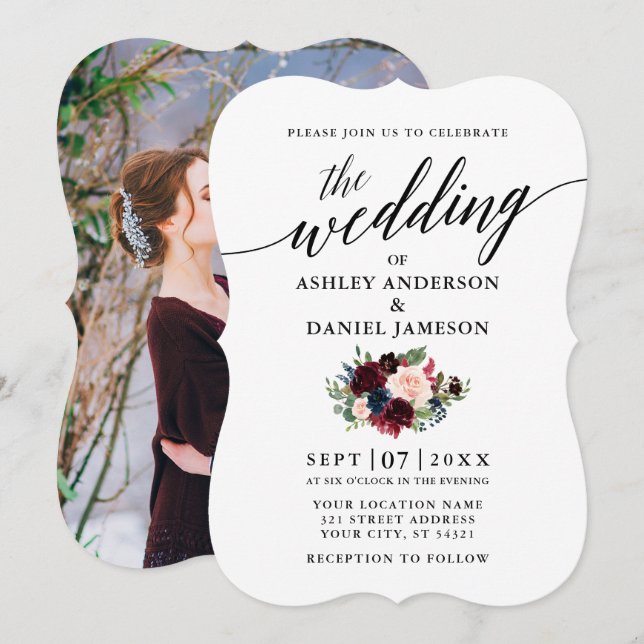 Convites Casamento De Foto Floral Azul Da Calligrafia Burgu (Frente/Verso)