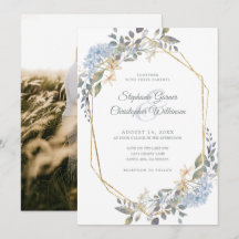 Casamento de Foto Floral Azul e Geométrico Dourado