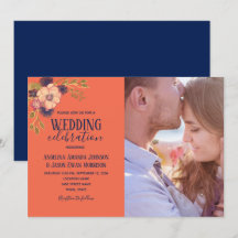 Casamento de Foto Floral Azul Naval Rosa Pêssego