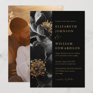 Convites Casamento de Foto Floral Chic Elegante Preto e Dou
