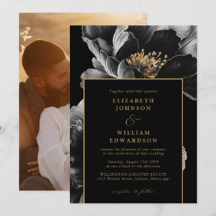 Convites Casamento de Foto Floral Chic Elegante Preto e Dou