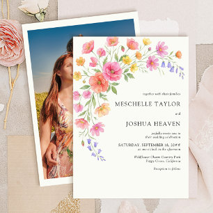 Convites Casamento de Foto Floral com Aquarela Rosa Laranja