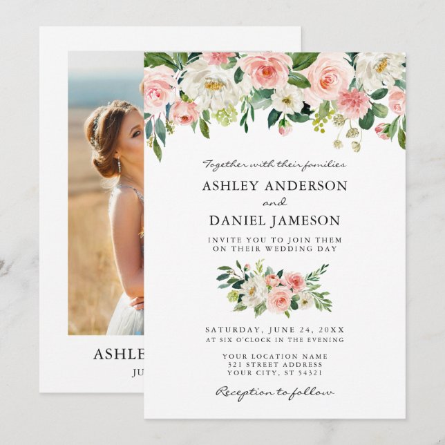 Convites Casamento De Foto Floral De Blush Com Cor De Água  (Frente/Verso)