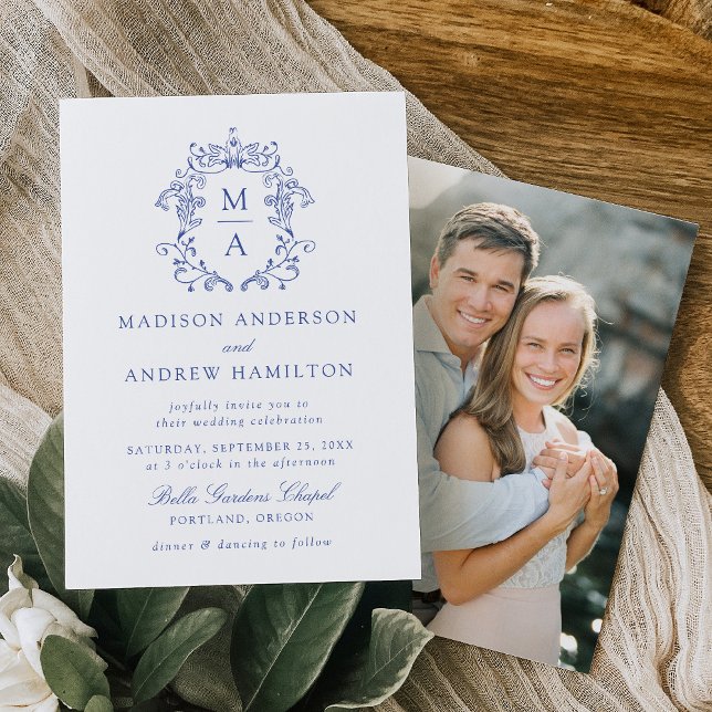 Convites Casamento de Foto Floral de Chinoiserie Azul Elega (Criador carregado)