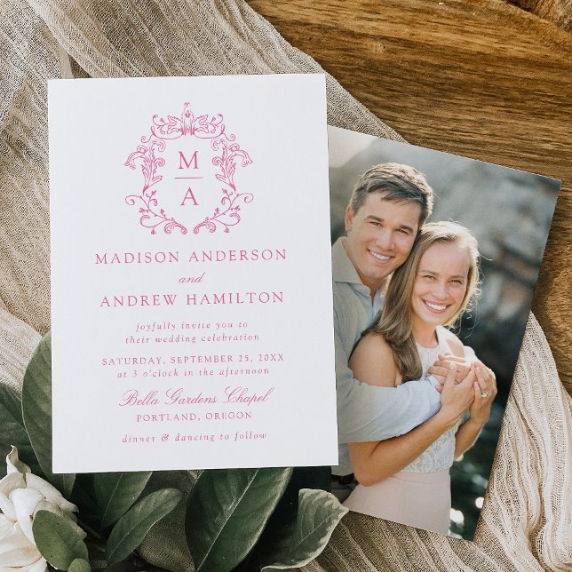 Convites Casamento de Foto Floral de Chinoiserie Rosa Elega (Criador carregado)