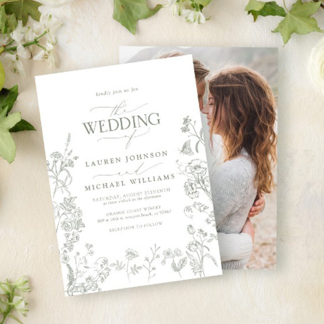 Convites Casamento de Foto Floral de Chinoiserie Verde Eleg (Criador carregado)