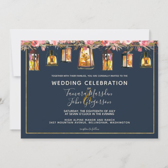 Convites Casamento de Foto Floral de Coral Azul-Marinho Ele (Frente)