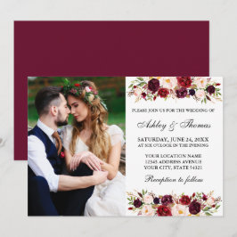 Convites Casamento de Foto Floral de Watercolor Burgundy